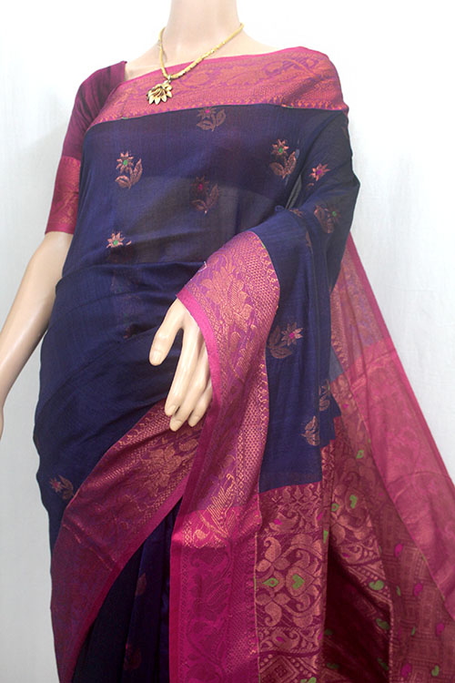 Buy WoodenTant Woven Tant Pure Cotton Dark Blue Sarees Online @ Best Price  In India | Flipkart.com