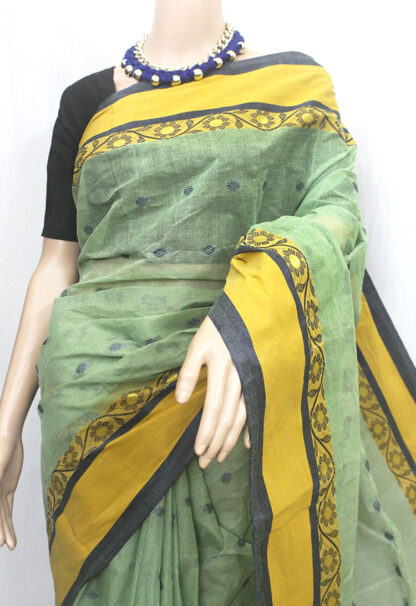 cotton tant saree, tangail saree, handloom pure cotton saree, pista color saree