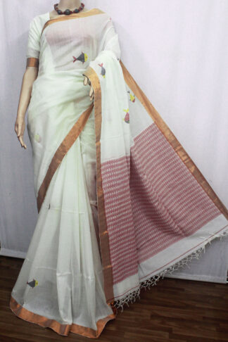 This is off-white color-based body with fish weaving jamdani motive body  with zari border saree. This cotton handloom saree pallu have red jamdani hand woven work makes you beautiful, attractive and they have a fantastic fall.