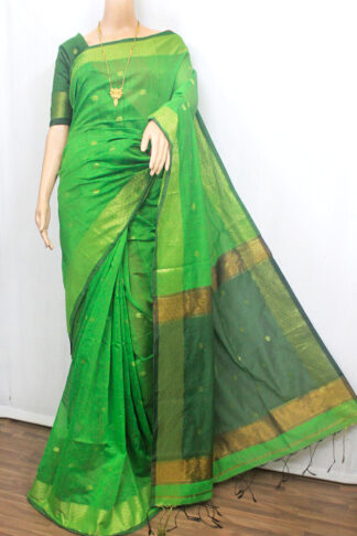 pickle-green pallu silk-cotton zari border parrot green handloom saree