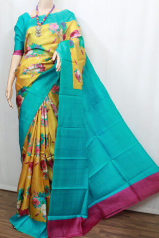 border, pallu and blouse piece, floral printed zari border tussar silk saree