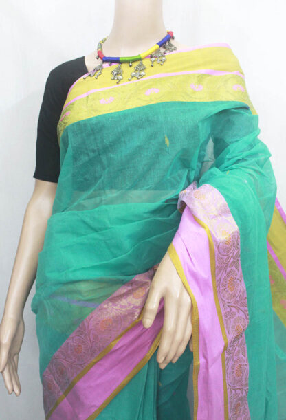 sea-green cotton tant saree, tangail saree