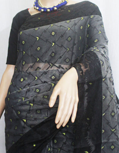 Grey and Black soft bengal jamdani saree,