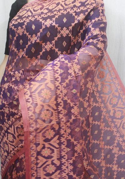 Grey-based body with peach jamdani work border and pallu soft jamdani saree, grey with peach color soft bengal jamdani saree