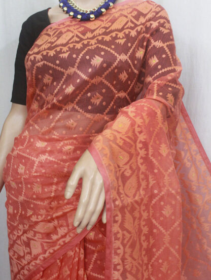 peach based self jamdani work soft jamdani saree is looking very elegant, comfortable, and classy. soft bengal jamdani saree