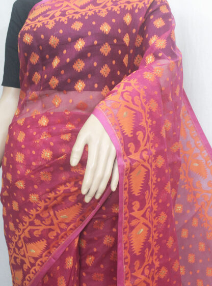 pink based body with diagonal orange butta and lines jamdani work and yellow leaf motif border and pallu pink soft bengal jamdani saree