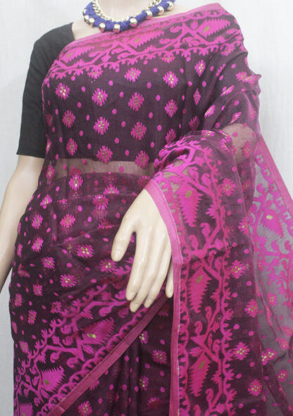 Purple-based self-jamdani work soft dhakai Jamdani saree looks very elegant, comfortable, and classy. bengal soft jamdani saree.