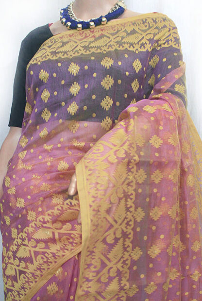 yellow-pink soft jamdani saree, bengali durga puja saree, pink jamdani saree, saree below 2000