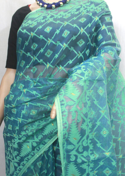 This shade of sea-green base with a jamdani work body and border and pallu soft jamdani saree make you beautiful, and attractive and they have a fantastic fall. This saree is perfect for daytime and evening events, offering a blend of understated elegance and traditional charm.