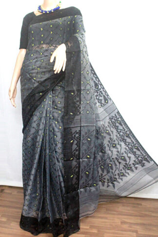 Grey and Black soft bengal jamdani saree,