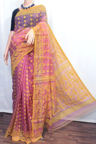 yellow-pink soft jamdani saree, bengali durga puja saree, pink jamdani saree, saree below 2000