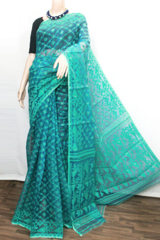 This shade of sea-green base with a jamdani work body and border and pallu soft jamdani saree make you beautiful, and attractive and they have a fantastic fall. This saree is perfect for daytime and evening events, offering a blend of understated elegance and traditional charm.