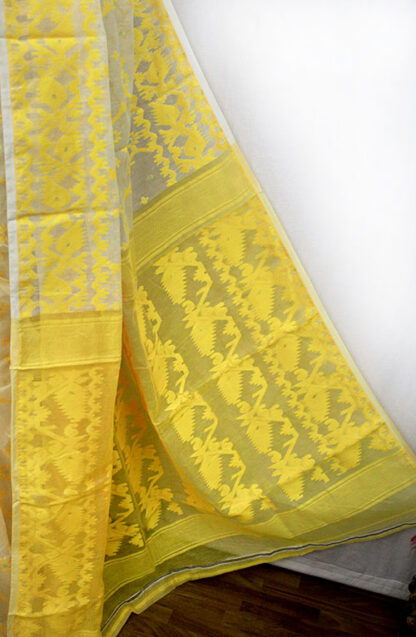 yellow soft dhakai jamdani saree, saree for old woman, saree for widow