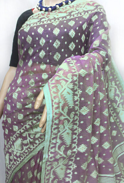 mauve sea-green soft jamdani saree, bengal soft jamdani saree