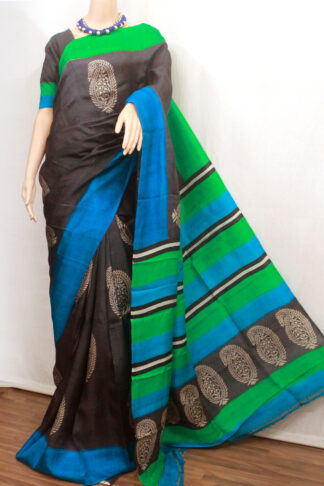 hand-block printed pure silk saree, black silk saree