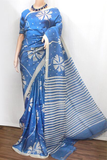 blue hand-batik pure silk saree, bishnupuri silk saree