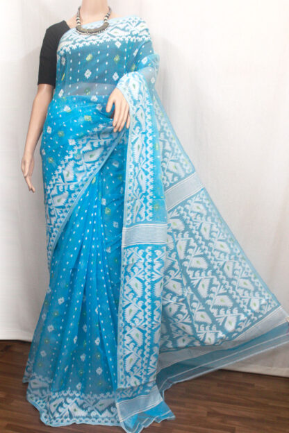 blue-white soft dhakai jamdani saree