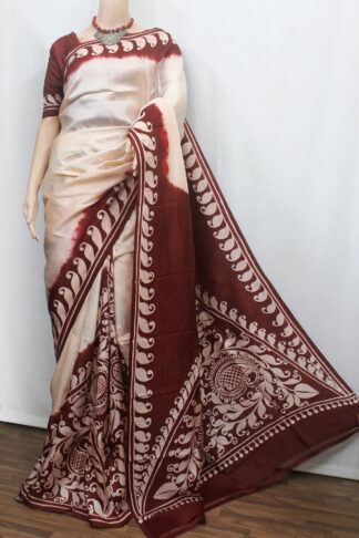 maroon-white batik pure silk saree