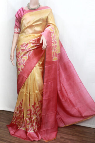 Cream color-based body with light indigo pink skirt border batik hand-painting all over the saree and pink border and pallu pure silk comes with Silkmark. 