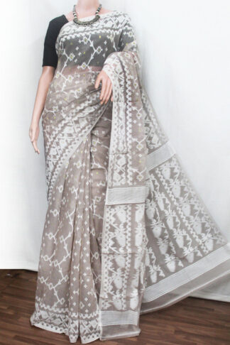 grey-white soft dhakai jamdani saree