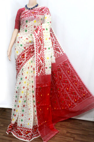 red-white soft jamdani saree