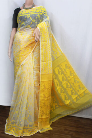 cream-yellow soft dhakai jamdani saree