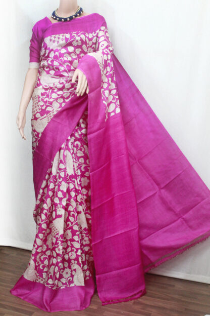 Kalamkari printed pure silk saree, pink bishnupuri pure silk saree