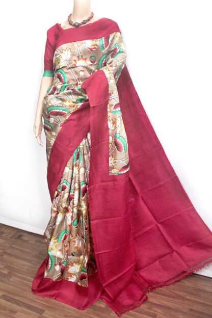 red border lotus printed tussar silk saree