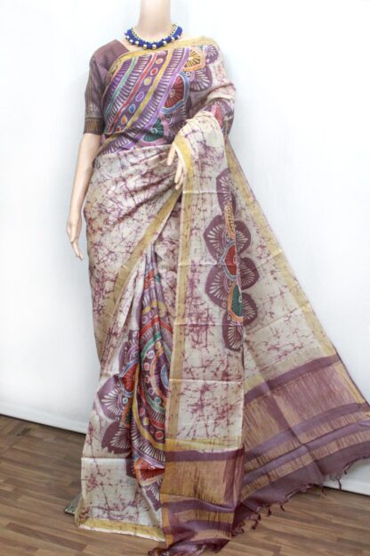 Alpana or ornamental hand-painted pallu hand batik tussar saree