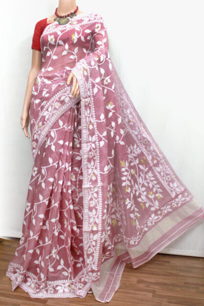 dark-pink soft dhakai jamdani saree, unique color jamdani saree, uncommon jamdani saree