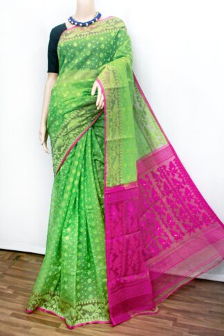 green-pink soft jamdani saree, unique jamdani saree