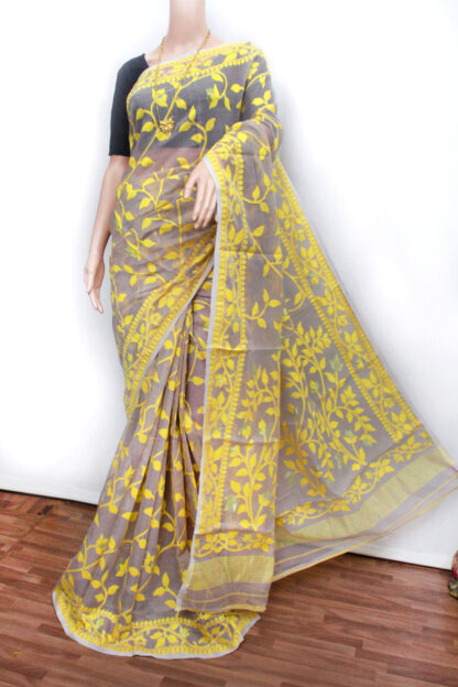 mud-grey soft dhakai jamdani saree, unique color jamdani saree, uncommon jamdani saree