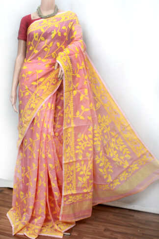 peach-yellow soft dhakai jamdani saree, unique color jamdani saree, uncommon jamdani saree