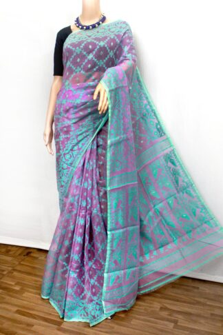 purple dhakai jamdani saree, unique combination jamdani saree