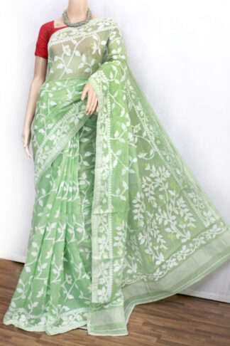 soft-green dhakai jamdani saree, unique color jamdani saree, uncommon jamdani saree